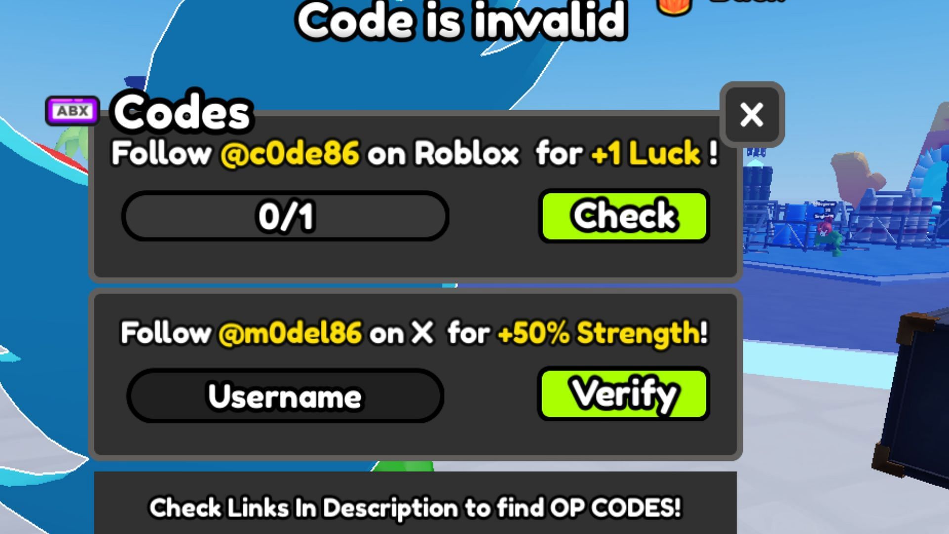 The "Code is Invalid" error in Beast Gym Battle (Image via Roblox)